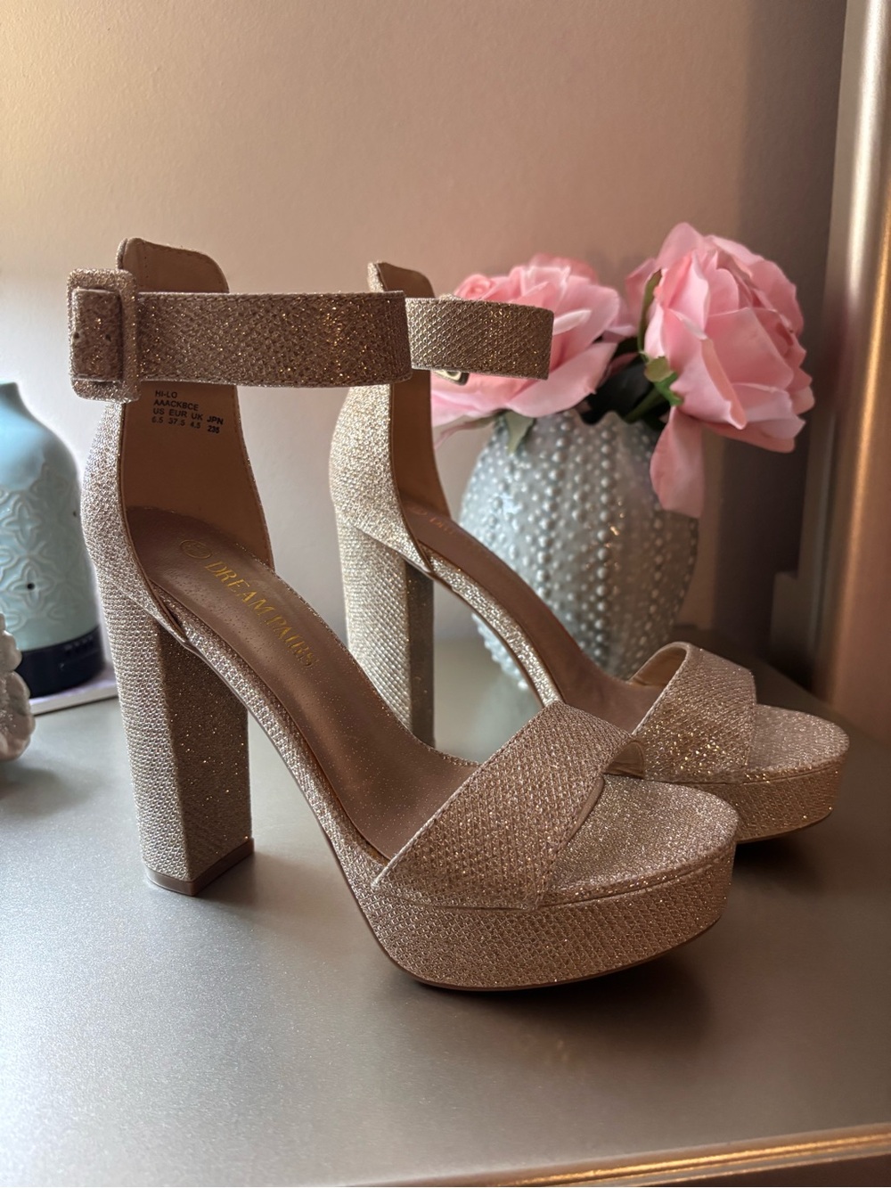 Dream Pairs Glitter Platform Ankle-Strap Heels in Rose Gold